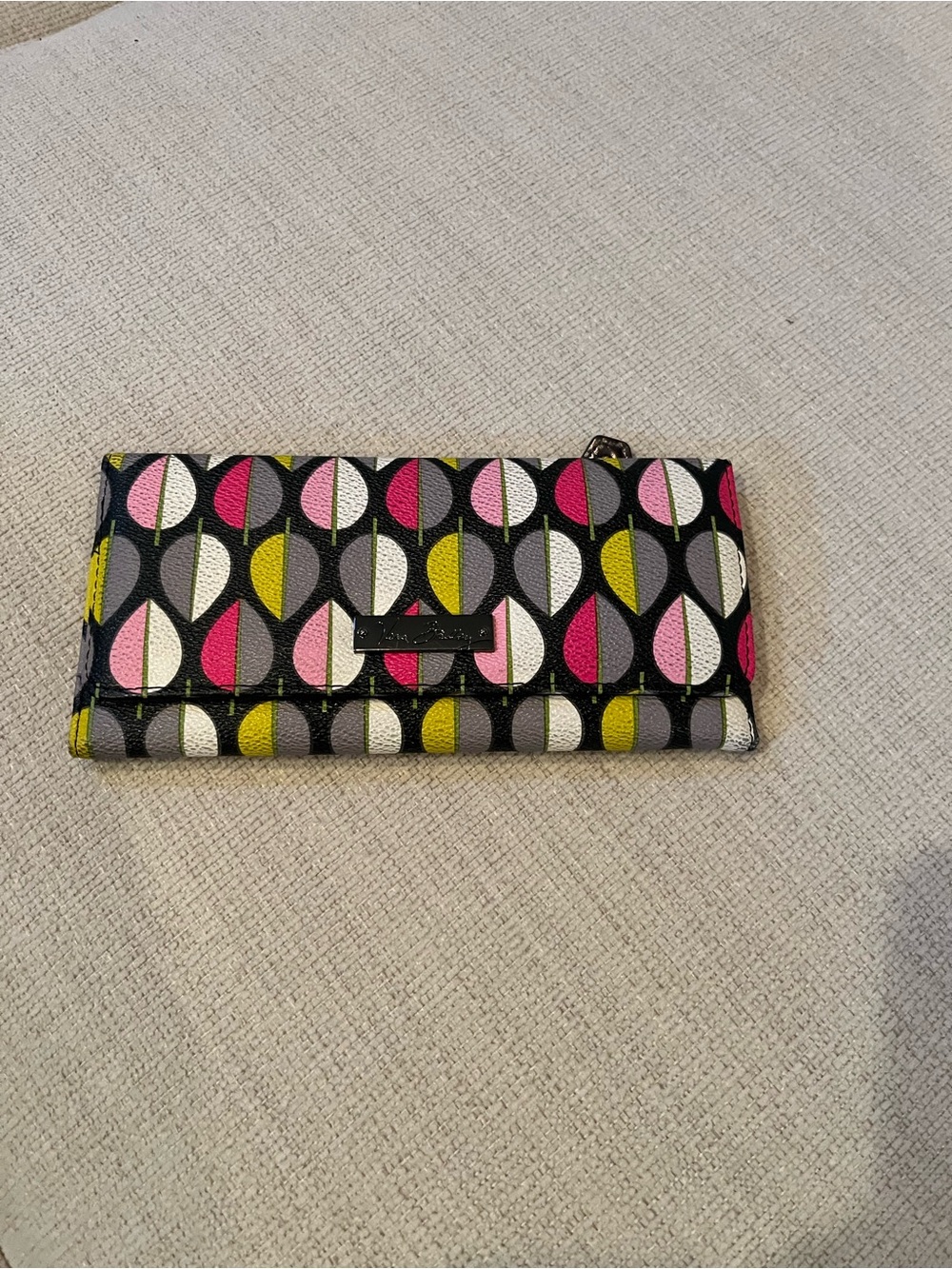 Vera Bradley Black Wallet with Pink, Green & White Geometric Leaf Pattern